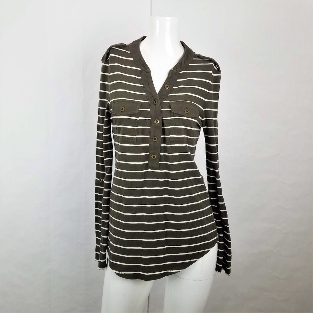 Banana Republic Factory Brown & White Striped Roll Tab Long Sleeve Top